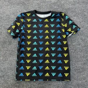 Adidas Youth All Over Print Logo T-Shirt M 10/12 Black Multicolor Cotton Blend